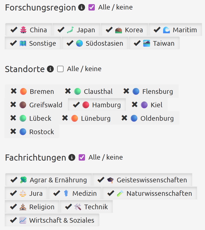 Screenshot der Suchmaske mit Filteroptionen