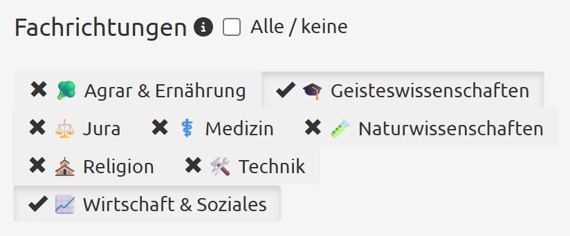 Screenshot des Fachrichtungs-Filters